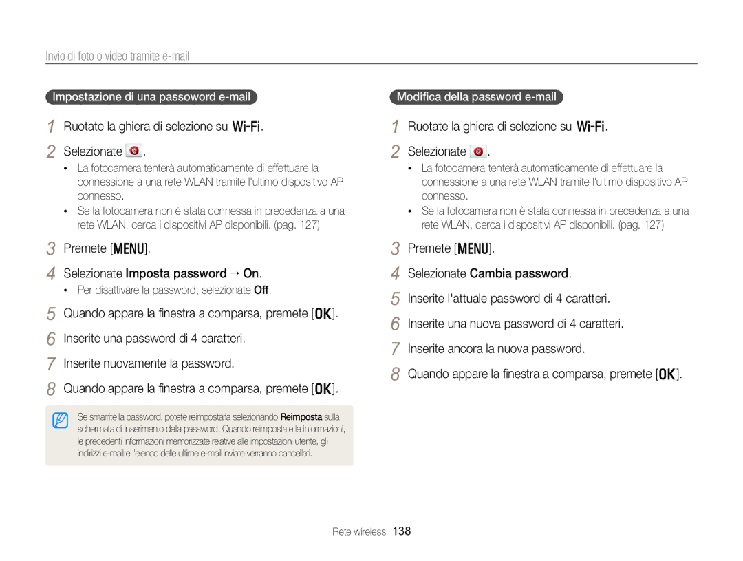 Samsung EC-EX2FZZBPWE1, EC-EX2FZZBPBE1 Invio di foto o video tramite e-mail, Premete m Selezionate Imposta password “ On 