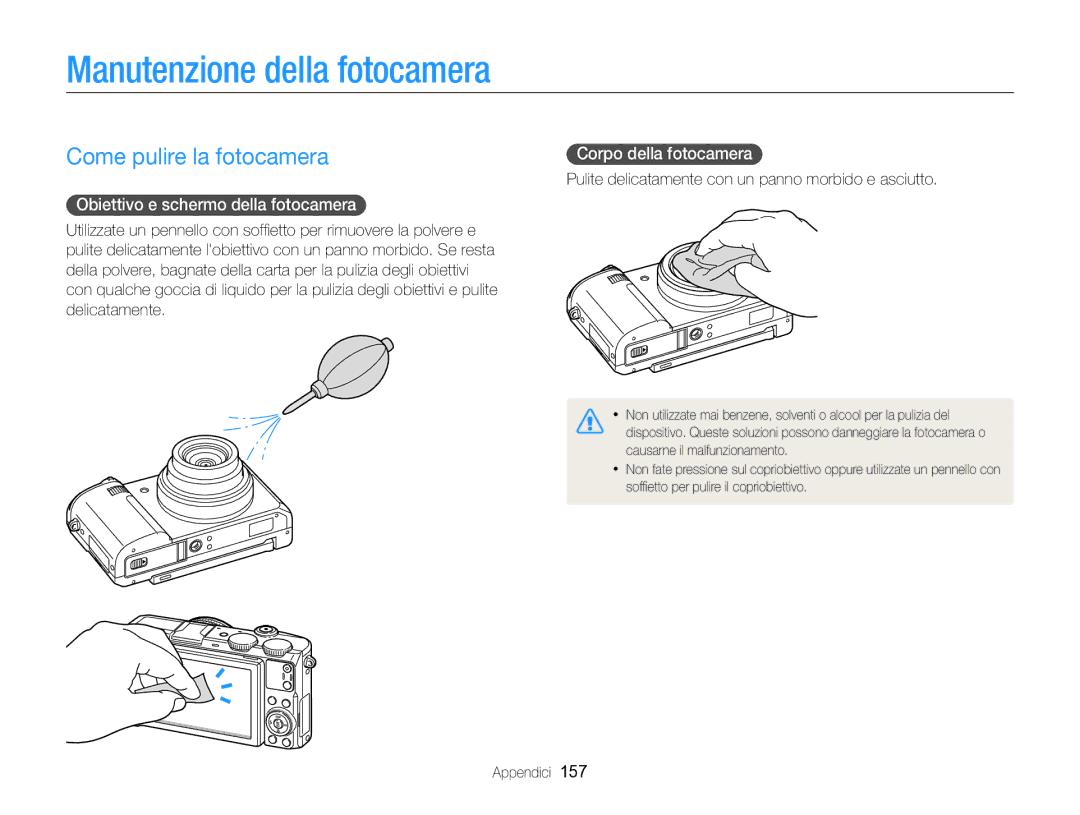 Samsung EC-EX2FZZBPBE1 Manutenzione della fotocamera, Come pulire la fotocamera, Obiettivo e schermo della fotocamera 