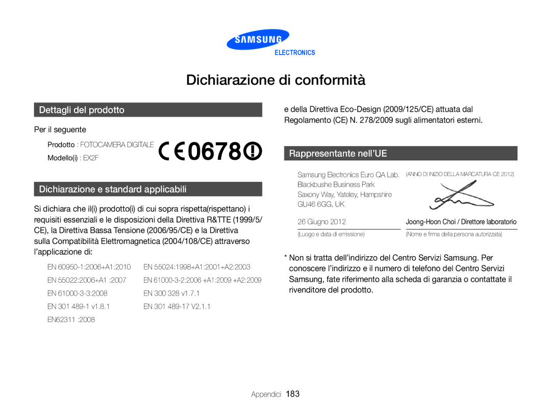 Samsung EC-EX2FZZBPBE1, EC-EX2FZZBPWE1 manual Dichiarazione di conformità, Per il seguente 