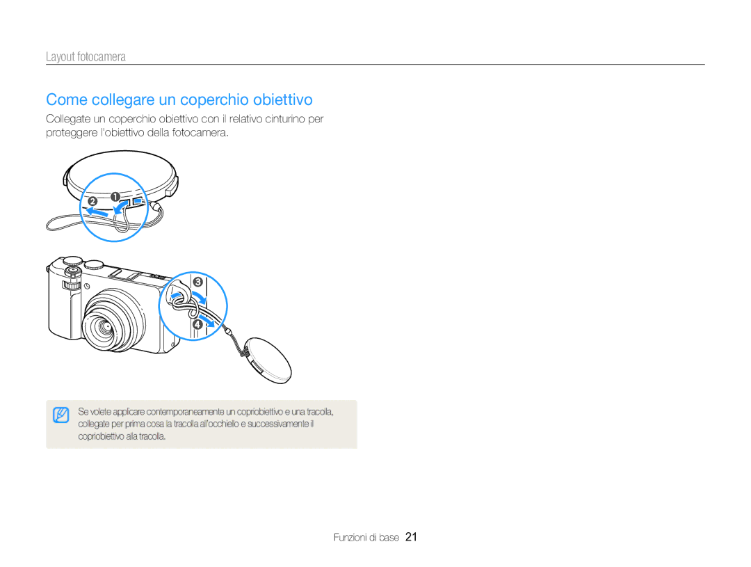 Samsung EC-EX2FZZBPBE1, EC-EX2FZZBPWE1 manual Come collegare un coperchio obiettivo 