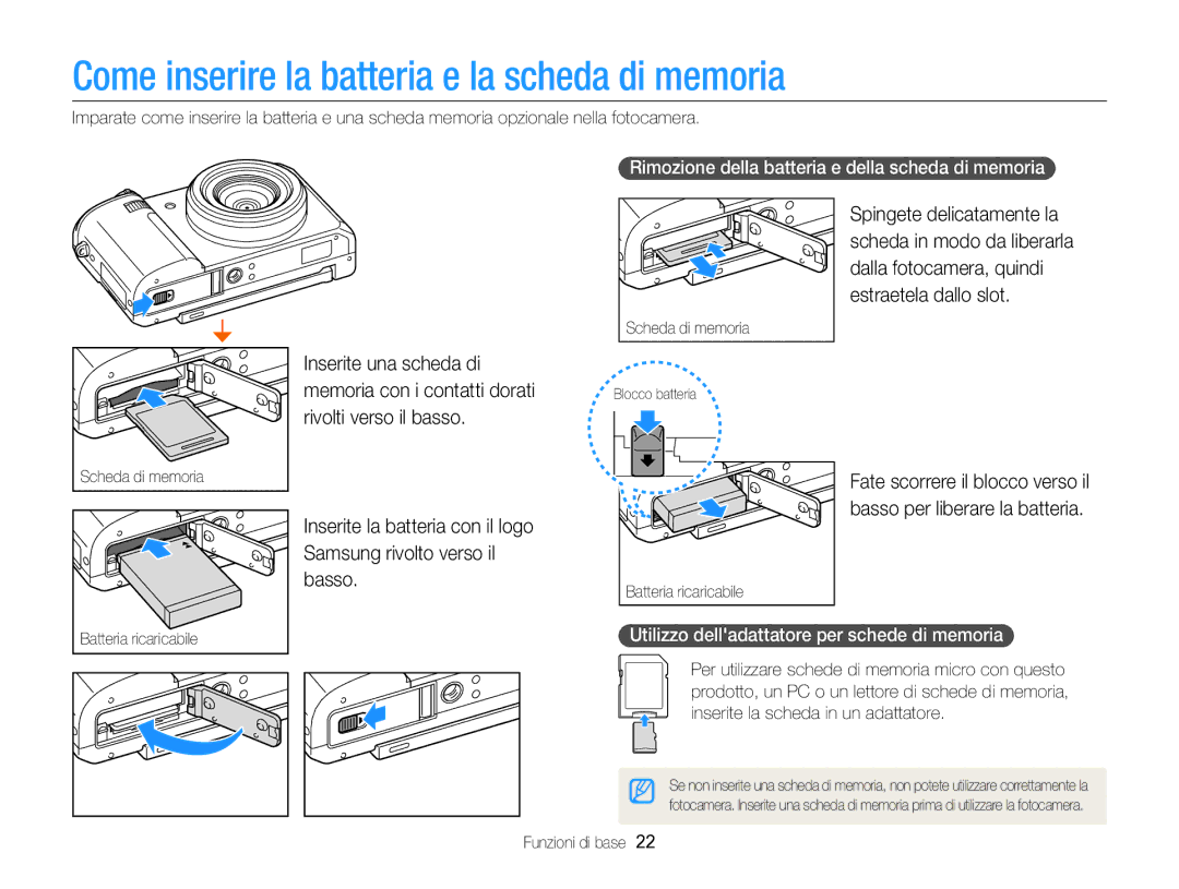 Samsung EC-EX2FZZBPWE1 Come inserire la batteria e la scheda di memoria, Utilizzo delladattatore per schede di memoria 