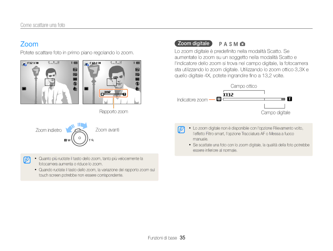 Samsung EC-EX2FZZBPBE1 Come scattare una foto, Zoom digitale p a h M g, Campo ottico Indicatore zoom Campo digitale 