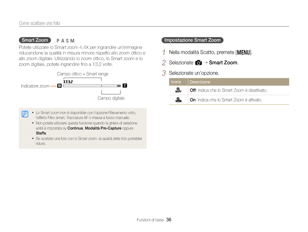 Samsung EC-EX2FZZBPWE1, EC-EX2FZZBPBE1 Nella modalità Scatto, premete m Selezionate a “ Smart Zoom, Smart Zoom p a h M 
