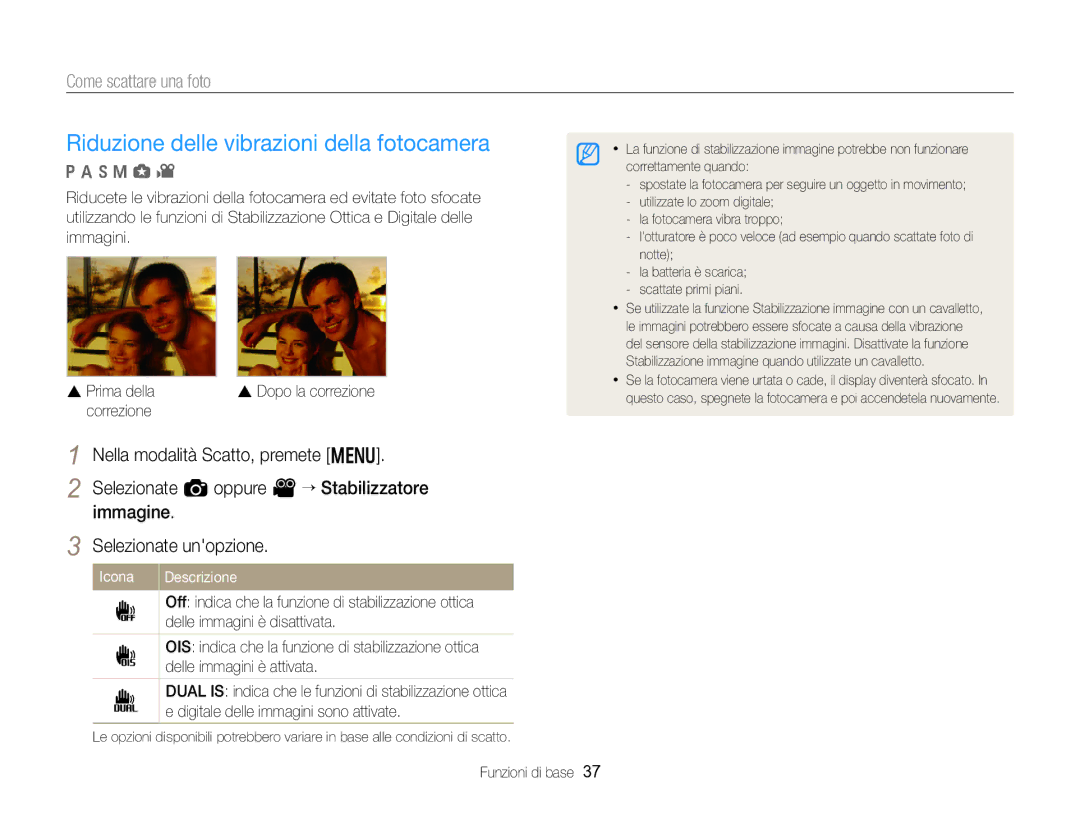 Samsung EC-EX2FZZBPBE1, EC-EX2FZZBPWE1 manual Riduzione delle vibrazioni della fotocamera, Correzione 