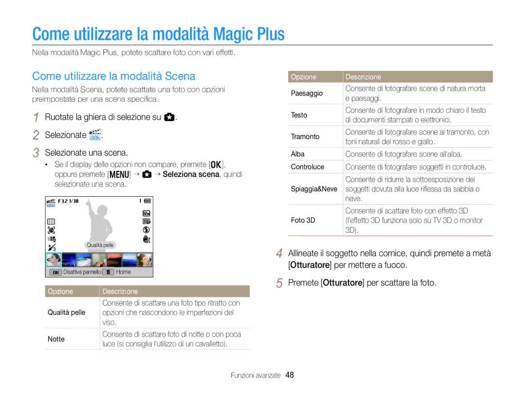 Samsung EC-EX2FZZBPWE1, EC-EX2FZZBPBE1 manual Come utilizzare la modalità Magic Plus, Come utilizzare la modalità Scena 