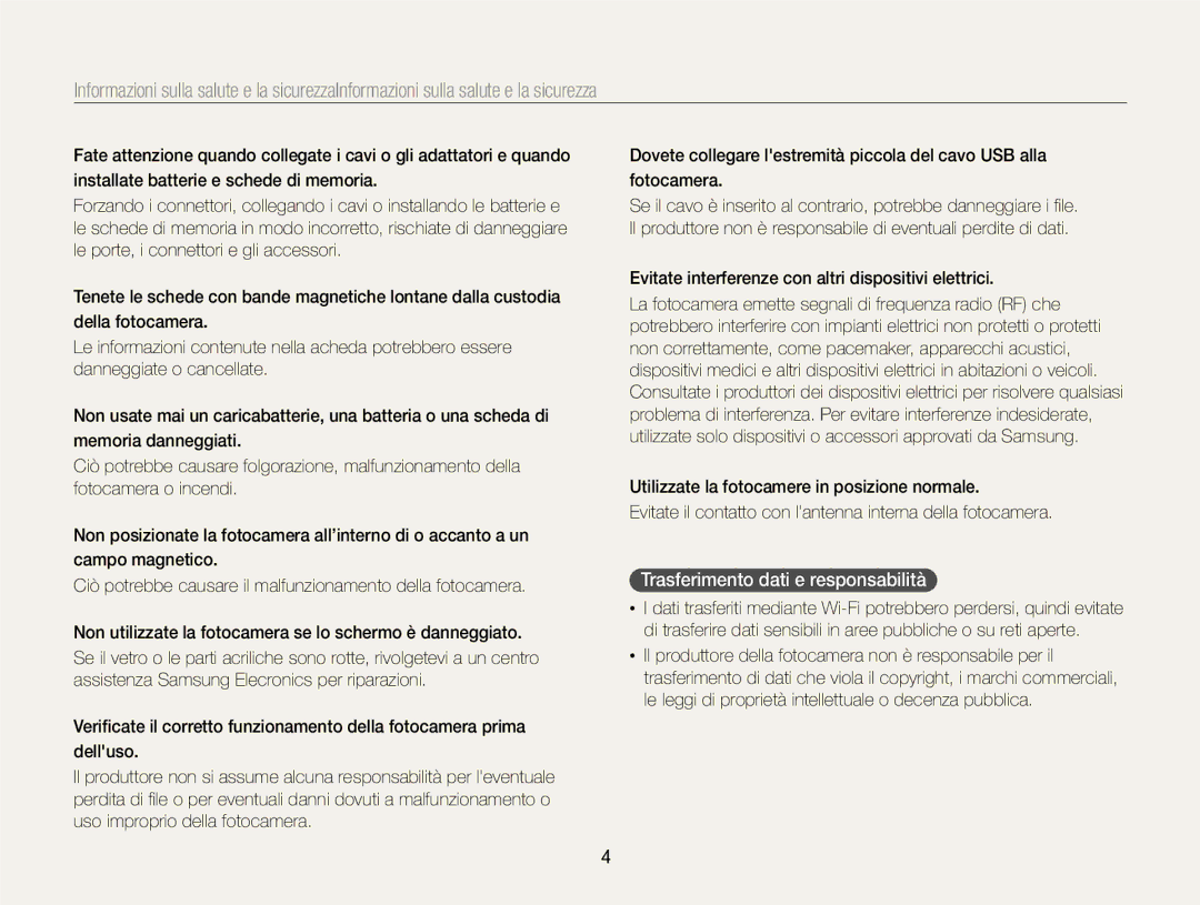 Samsung EC-EX2FZZBPWE1, EC-EX2FZZBPBE1 manual Trasferimento dati e responsabilità 