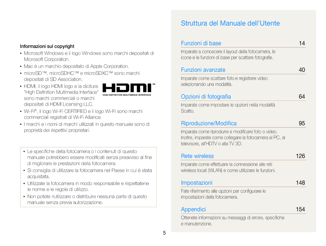 Samsung EC-EX2FZZBPBE1, EC-EX2FZZBPWE1 manual Struttura del Manuale dellUtente, 126, 148, 154 