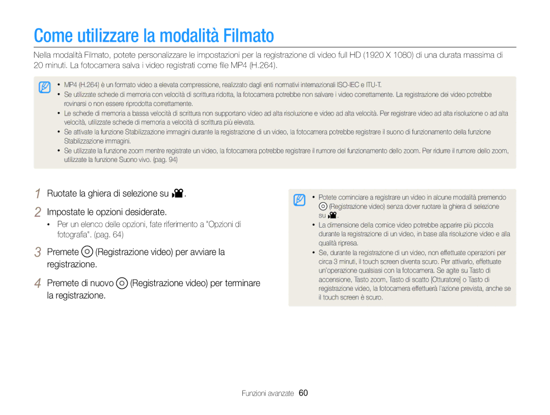 Samsung EC-EX2FZZBPWE1, EC-EX2FZZBPBE1 manual Come utilizzare la modalità Filmato 