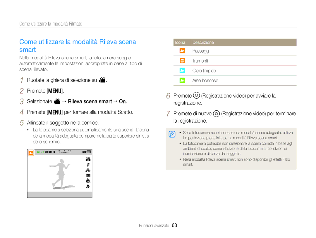 Samsung EC-EX2FZZBPBE1 manual Come utilizzare la modalità Rileva scena smart, Paesaggi Tramonti Cielo limpido Aree boscose 