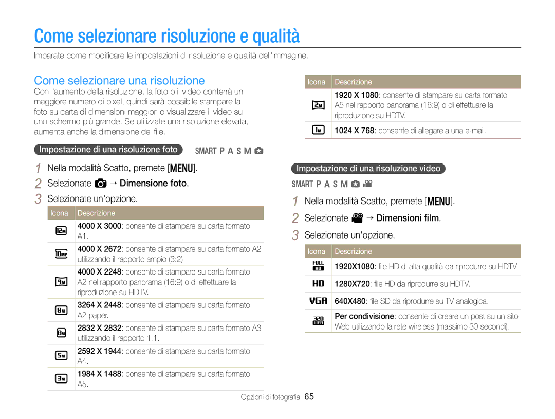 Samsung EC-EX2FZZBPBE1, EC-EX2FZZBPWE1 manual Come selezionare risoluzione e qualità, Come selezionare una risoluzione 