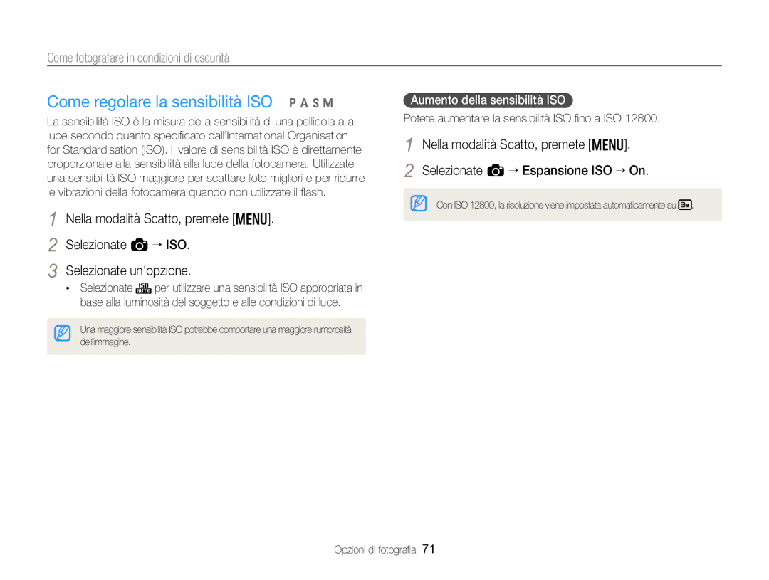 Samsung EC-EX2FZZBPBE1, EC-EX2FZZBPWE1 manual Come regolare la sensibilità ISO p a h M, Nella modalità Scatto, premete m 