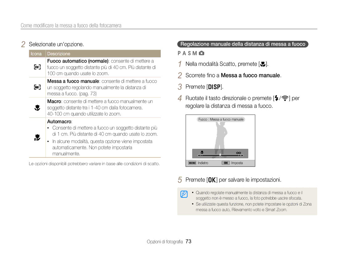 Samsung EC-EX2FZZBPBE1 manual Come modiﬁcare la messa a fuoco della fotocamera, Cm quando utilizzate lo zoom Automacro 