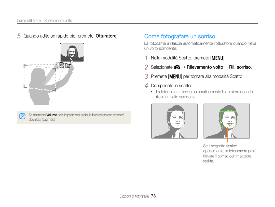 Samsung EC-EX2FZZBPWE1 manual Come fotografare un sorriso, Come utilizzare il Rilevamento volto, Un volto sorridente 