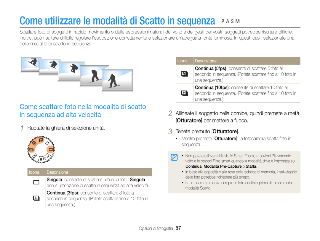 Samsung EC-EX2FZZBPBE1, EC-EX2FZZBPWE1 manual Come utilizzare le modalità di Scatto in sequenza p a h M, Una sequenza 