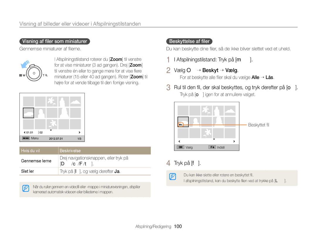 Samsung EC-EX2FZZBPWE2 manual Afspilningstilstand Tryk på m Vælg O “ Beskyt “ Vælg, Visning af ﬁler som miniaturer 