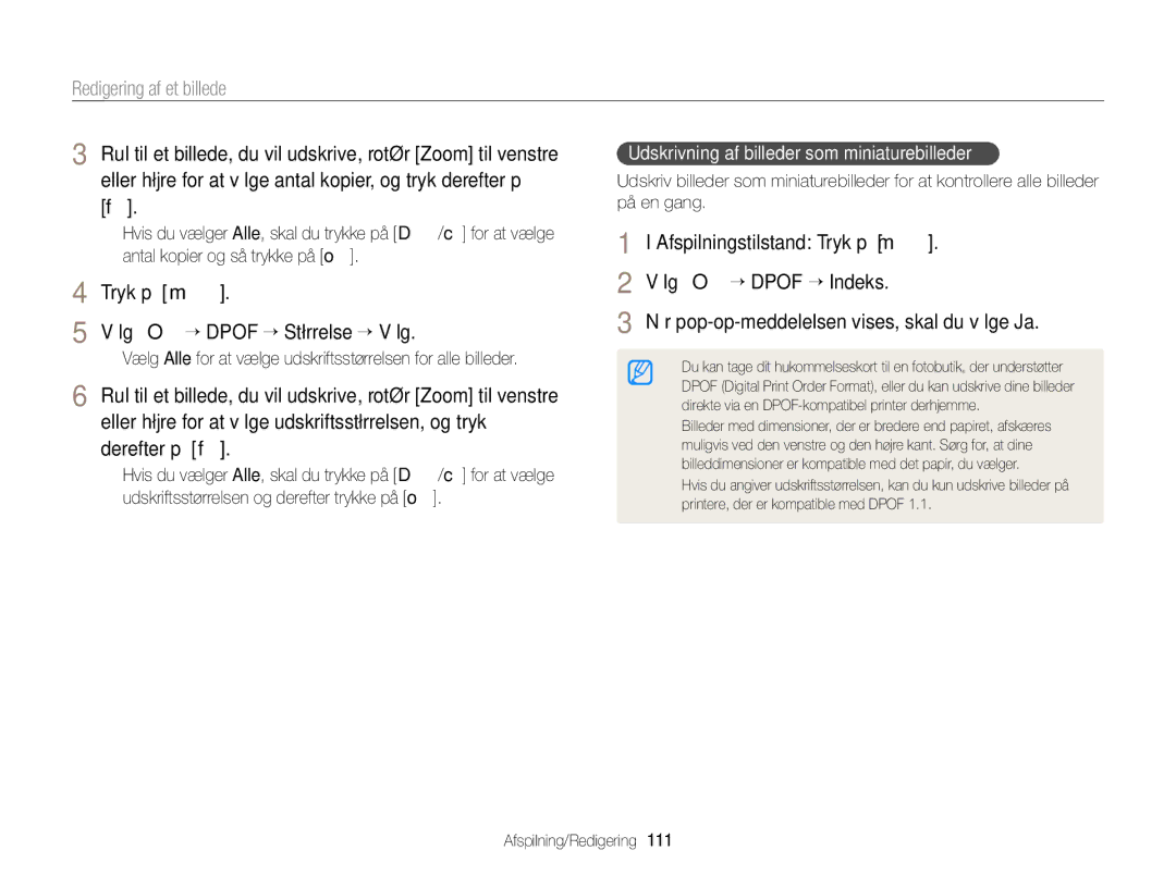 Samsung EC-EX2FZZBPBE2 manual Tryk på m Vælg O “ Dpof “ Størrelse “ Vælg, Udskrivning af billeder som miniaturebilleder 