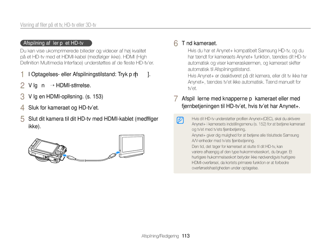 Samsung EC-EX2FZZBPBE2, EC-EX2FZZBPWE2 manual Visning af ﬁler på et tv, HD-tv eller 3D-tv, Afspilning af ﬁler på et HD-tv 