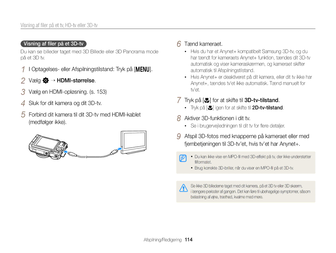 Samsung EC-EX2FZZBPWE2, EC-EX2FZZBPBE2 manual Tryk på c for at skifte til 3D-tv-tilstand, Aktiver 3D-funktionen i dit tv 