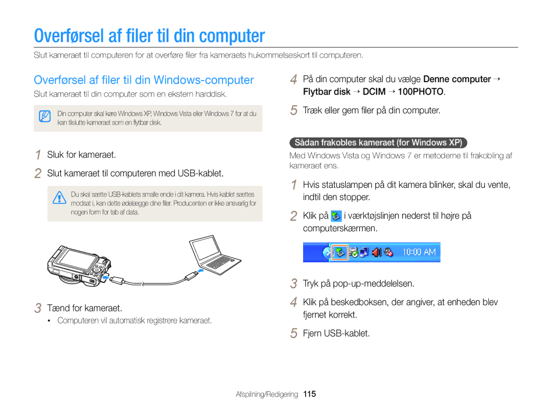 Samsung EC-EX2FZZBPBE2, EC-EX2FZZBPWE2 Overførsel af ﬁler til din computer, Overførsel af ﬁler til din Windows-computer 