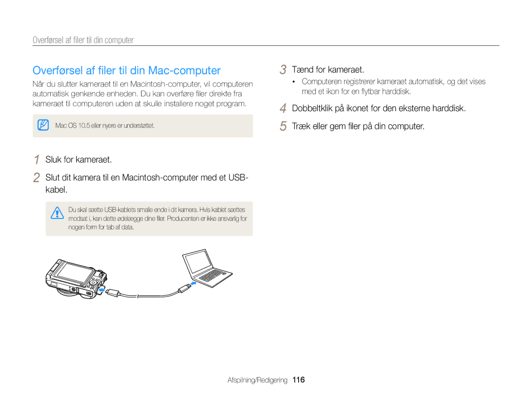 Samsung EC-EX2FZZBPWE2, EC-EX2FZZBPBE2 manual Overførsel af ﬁler til din Mac-computer, Overførsel af ﬁler til din computer 