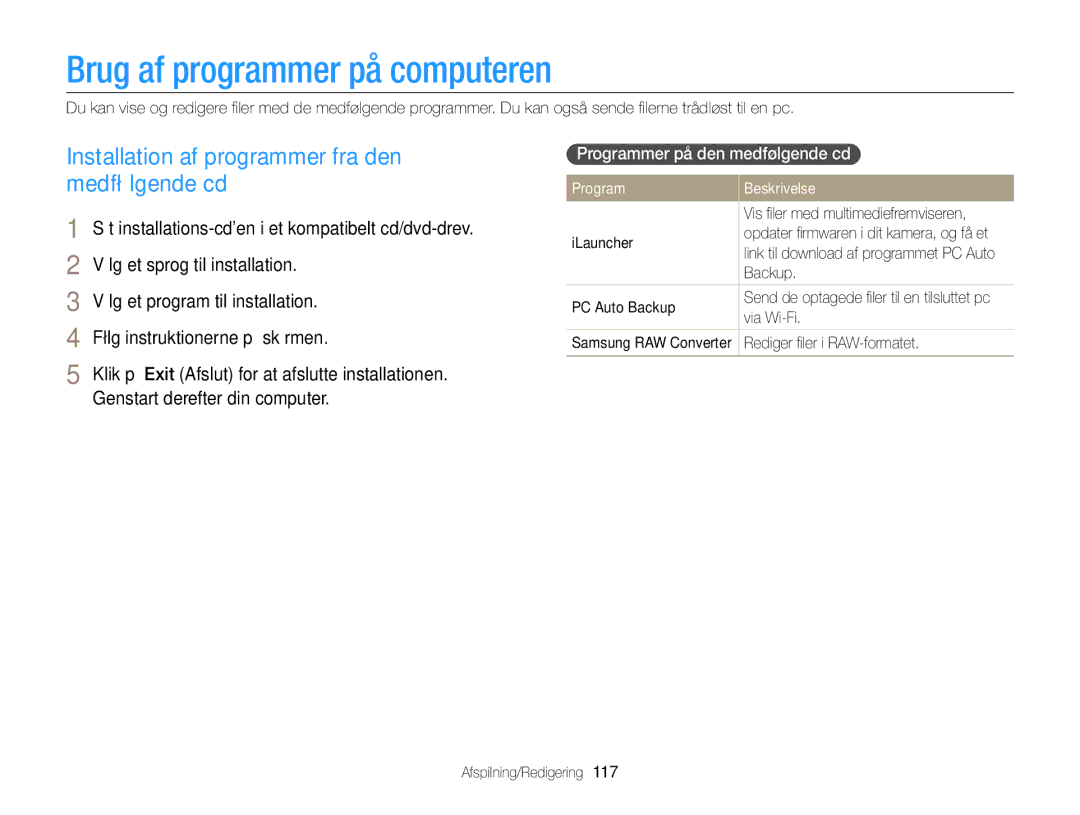 Samsung EC-EX2FZZBPBE2 manual Brug af programmer på computeren, Installation af programmer fra den, Medfølgende cd, Program 