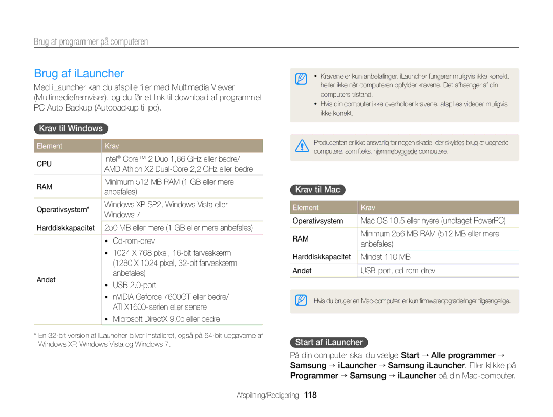 Samsung EC-EX2FZZBPWE2, EC-EX2FZZBPBE2 Brug af iLauncher, Brug af programmer på computeren, Krav til Windows, Krav til Mac 