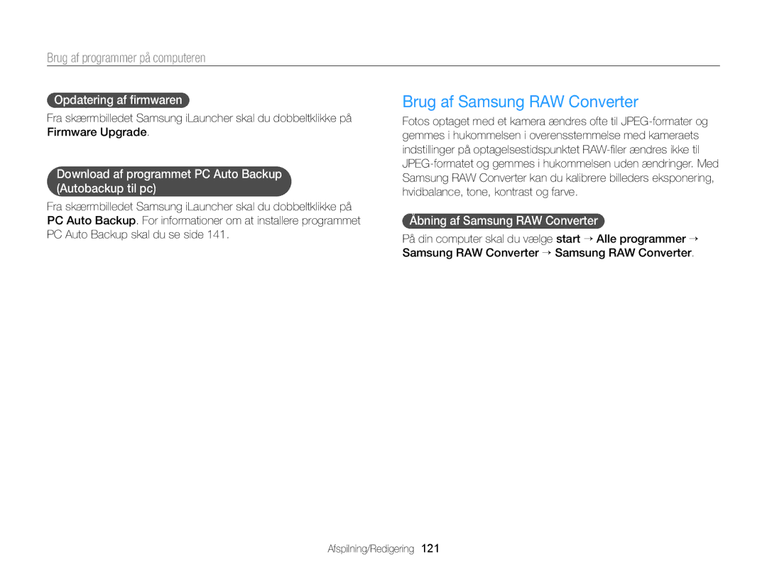 Samsung EC-EX2FZZBPBE2 manual Brug af Samsung RAW Converter, Opdatering af ﬁrmwaren, Åbning af Samsung RAW Converter 