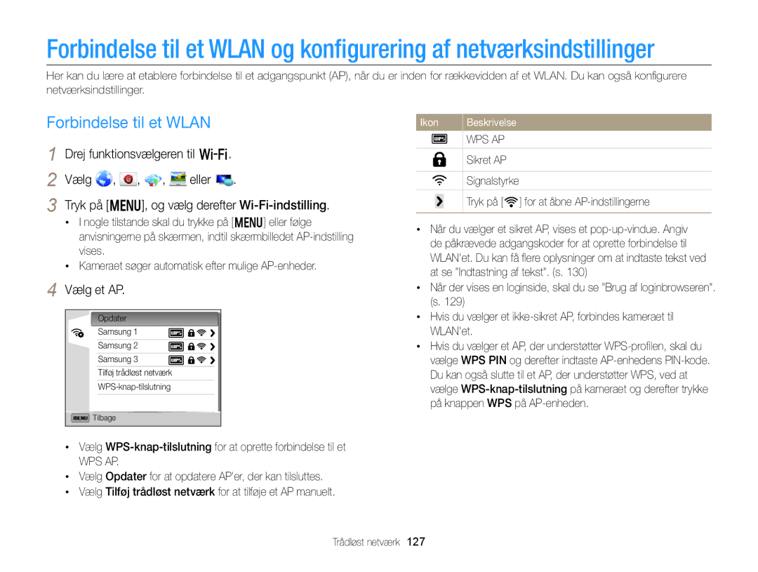 Samsung EC-EX2FZZBPBE2 Forbindelse til et Wlan, Vælg et AP, Vælg WPS-knap-tilslutning for at oprette forbindelse til et 