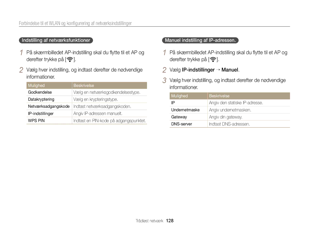 Samsung EC-EX2FZZBPWE2, EC-EX2FZZBPBE2 manual Derefter trykke på t, Vælg IP-indstillinger “ Manuel, Informationer 