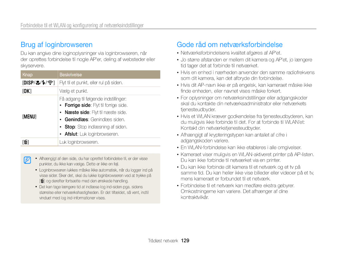 Samsung EC-EX2FZZBPBE2, EC-EX2FZZBPWE2 manual Brug af loginbrowseren, Gode råd om netværksforbindelse, Knap 