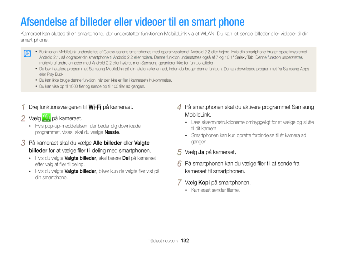 Samsung EC-EX2FZZBPWE2, EC-EX2FZZBPBE2 Afsendelse af billeder eller videoer til en smart phone, Kameraet sender ﬁlerne 