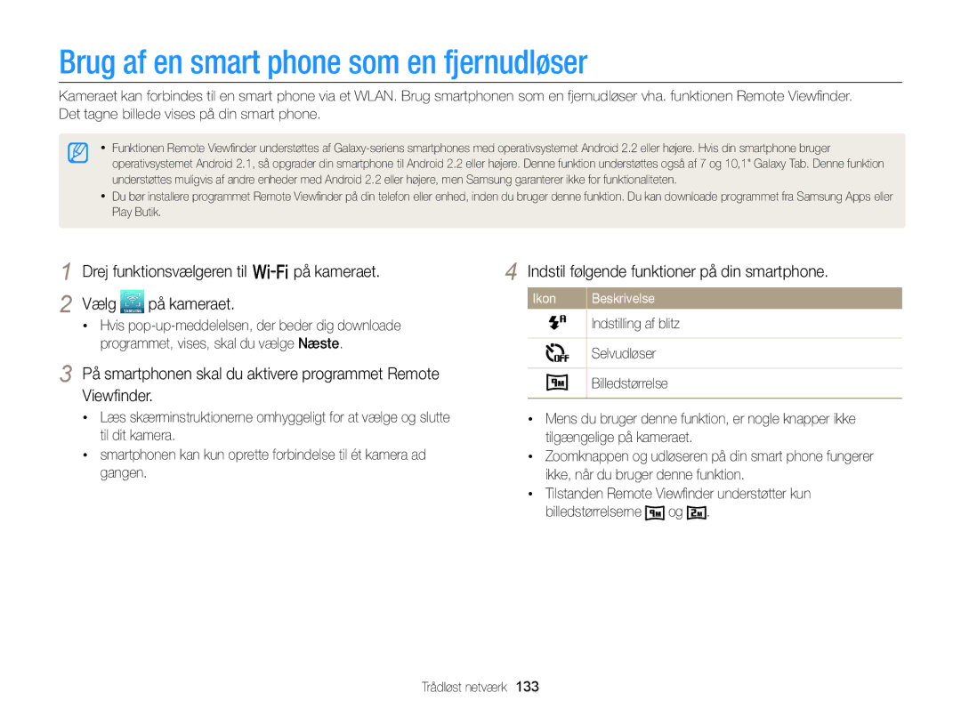 Samsung EC-EX2FZZBPBE2 manual Brug af en smart phone som en fjernudløser, Indstil følgende funktioner på din smartphone 