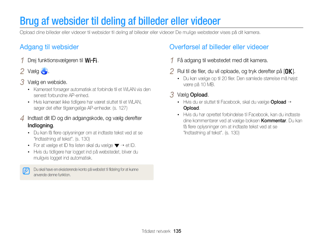 Samsung EC-EX2FZZBPBE2 manual Brug af websider til deling af billeder eller videoer, Adgang til websider, Vælg Opload 