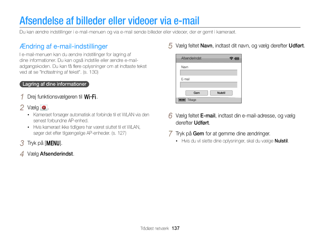 Samsung EC-EX2FZZBPBE2, EC-EX2FZZBPWE2 Afsendelse af billeder eller videoer via e-mail, Ændring af e-mail-indstillinger 