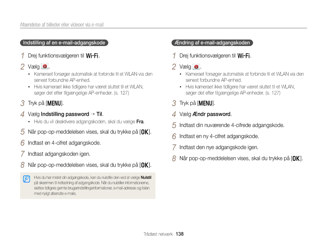 Samsung EC-EX2FZZBPWE2 manual Afsendelse af billeder eller videoer via e-mail, Tryk på m Vælg Indstilling password “ Til 