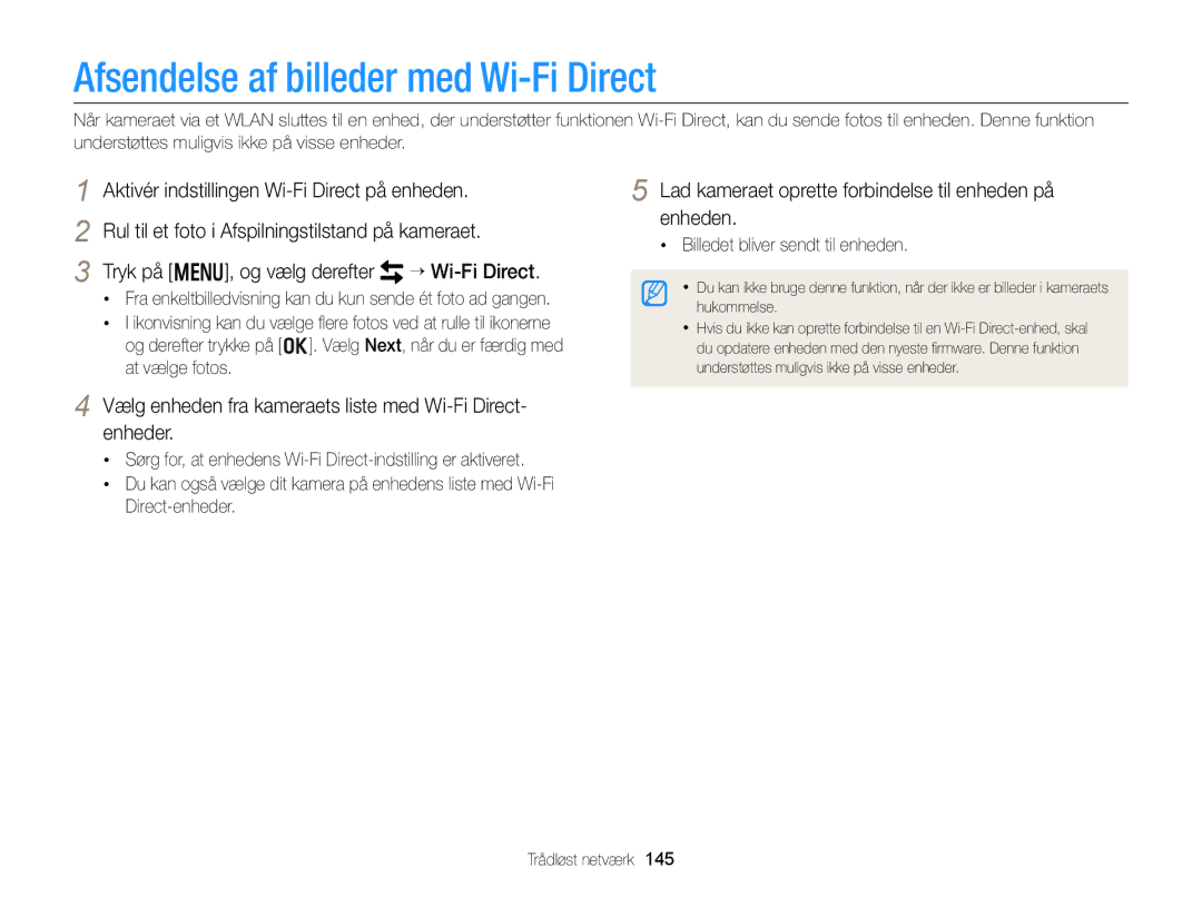 Samsung EC-EX2FZZBPBE2, EC-EX2FZZBPWE2 manual Afsendelse af billeder med Wi-Fi Direct 