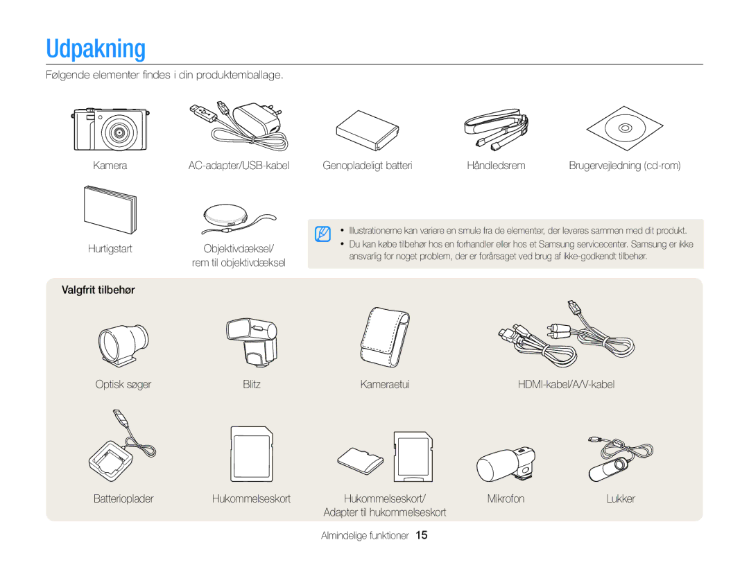 Samsung EC-EX2FZZBPBE2, EC-EX2FZZBPWE2 manual Udpakning 