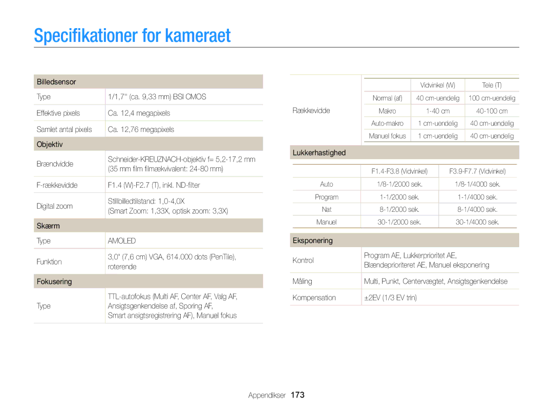 Samsung EC-EX2FZZBPBE2, EC-EX2FZZBPWE2 manual Speciﬁkationer for kameraet 