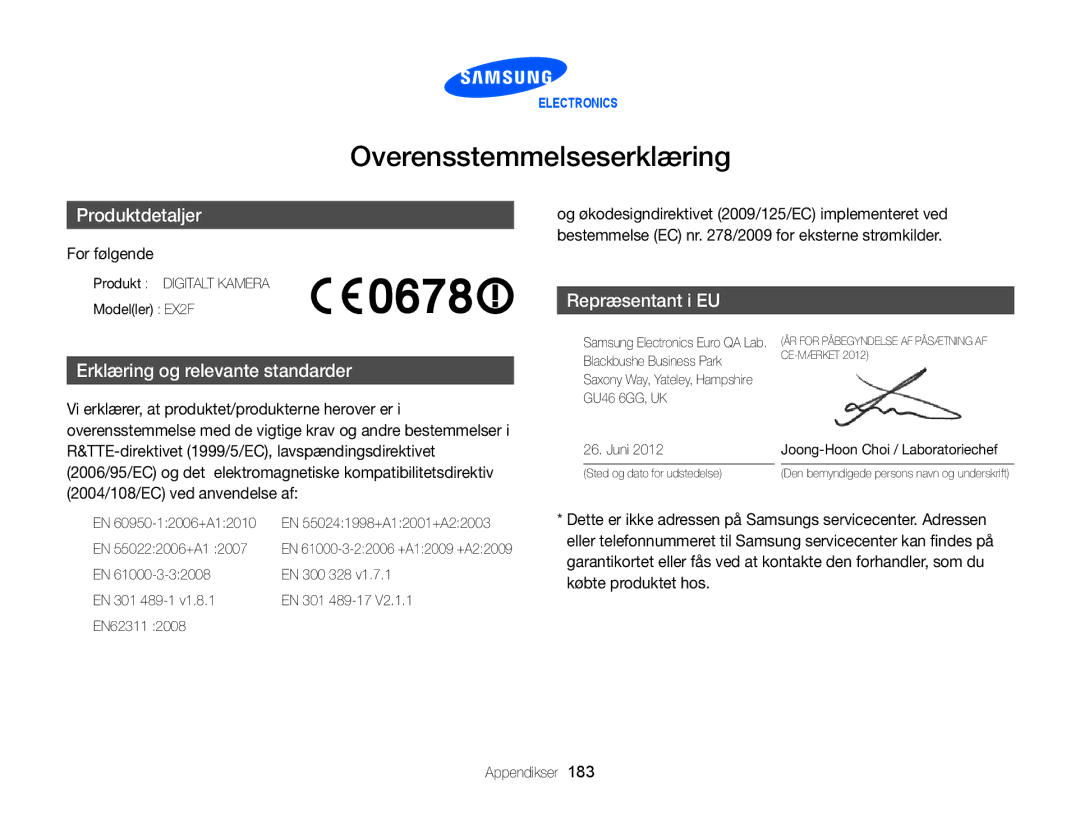 Samsung EC-EX2FZZBPBE2, EC-EX2FZZBPWE2 manual Overensstemmelseserklæring, For følgende 