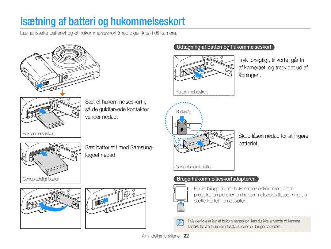 Samsung EC-EX2FZZBPWE2, EC-EX2FZZBPBE2 Isætning af batteri og hukommelseskort, Sæt batteriet i med Samsung- logoet nedad 