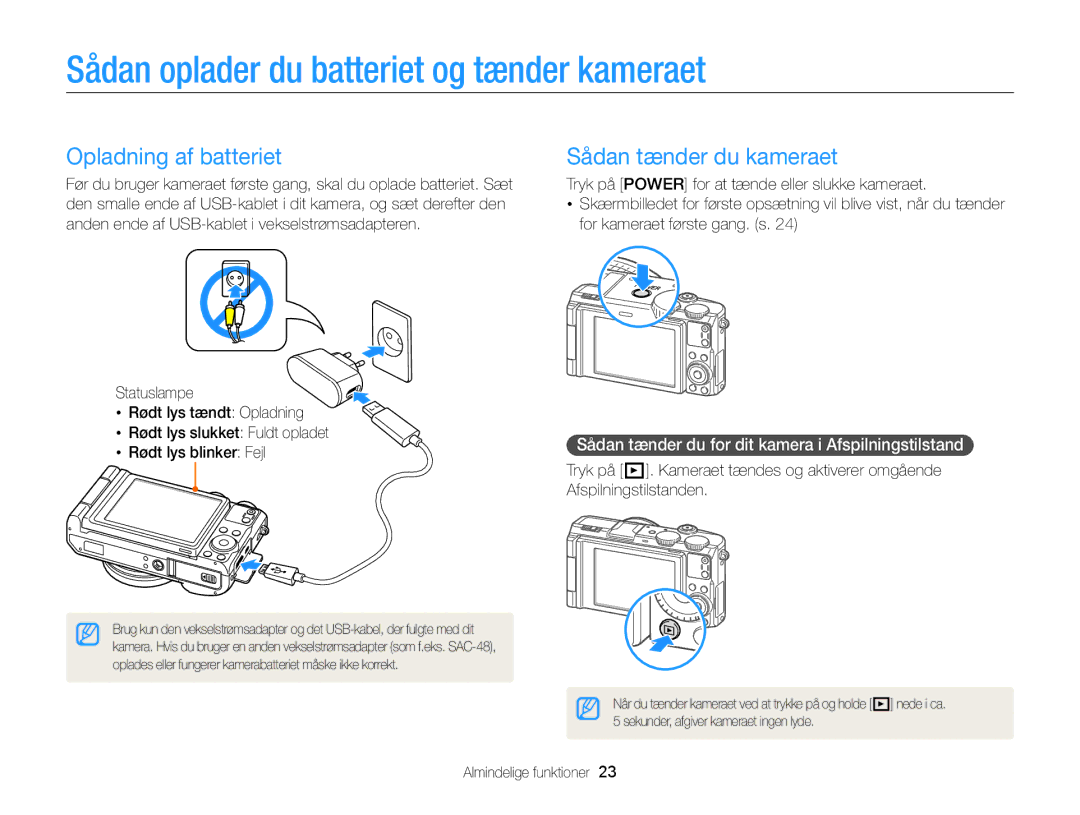 Samsung EC-EX2FZZBPBE2 Sådan oplader du batteriet og tænder kameraet, Opladning af batteriet, Sådan tænder du kameraet 