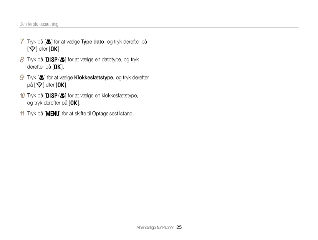 Samsung EC-EX2FZZBPBE2, EC-EX2FZZBPWE2 manual Den første opsætning 