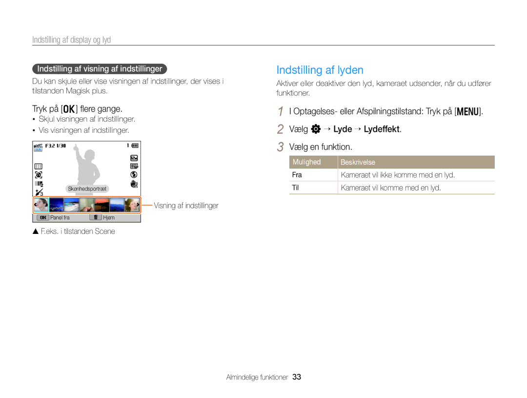 Samsung EC-EX2FZZBPBE2 Indstilling af lyden, Indstilling af display og lyd, Tryk på o ﬂere gange, Mulighed Beskrivelse 