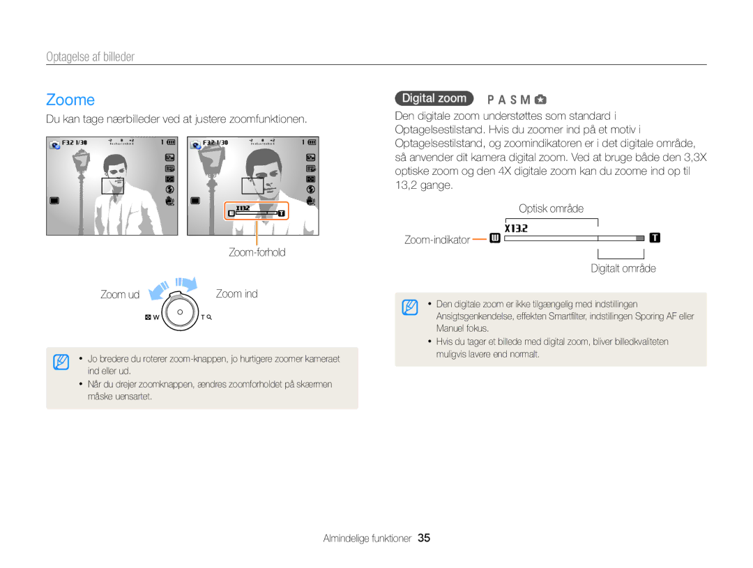 Samsung EC-EX2FZZBPBE2, EC-EX2FZZBPWE2 manual Zoome, Optagelse af billeder, Digital zoom p a h M g 