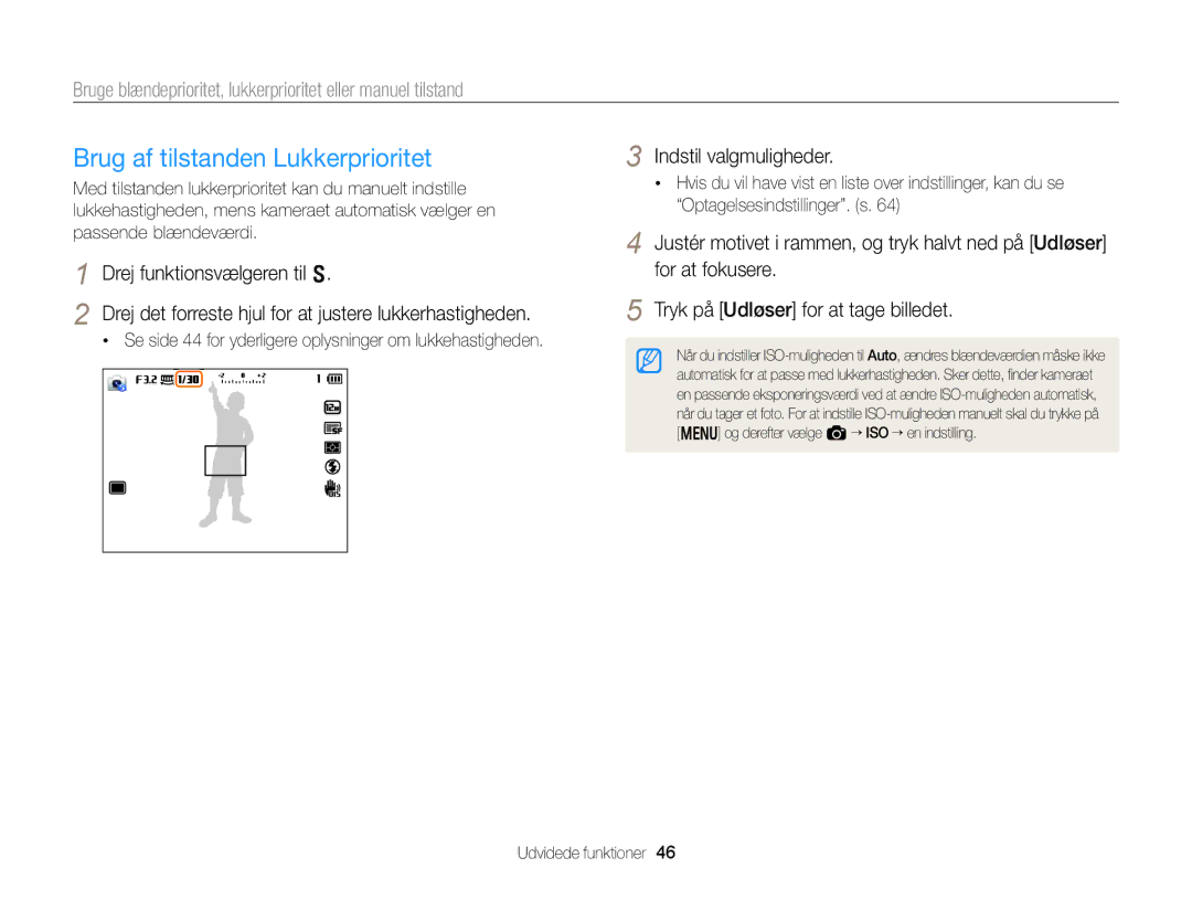 Samsung EC-EX2FZZBPWE2 manual Brug af tilstanden Lukkerprioritet, Drej det forreste hjul for at justere lukkerhastigheden 