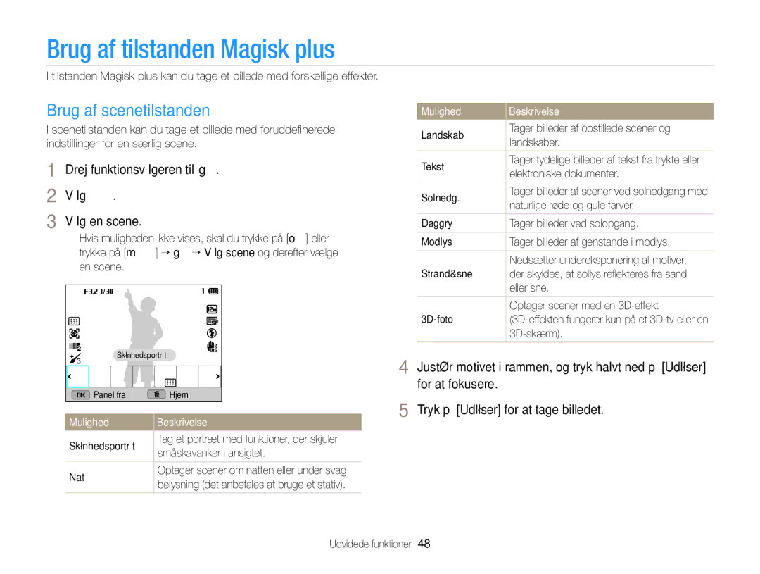 Samsung EC-EX2FZZBPWE2, EC-EX2FZZBPBE2 manual Brug af tilstanden Magisk plus, Brug af scenetilstanden 