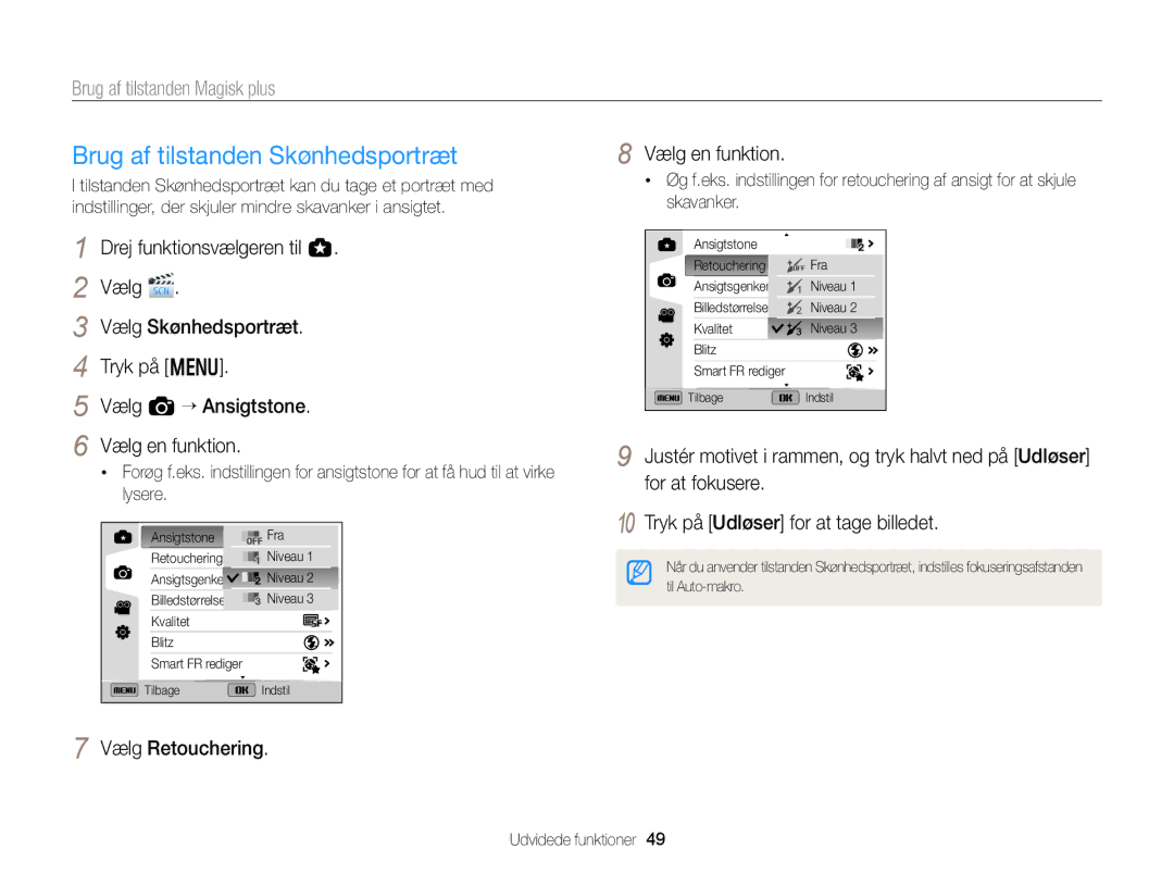 Samsung EC-EX2FZZBPBE2 manual Brug af tilstanden Skønhedsportræt, Brug af tilstanden Magisk plus, Vælg Retouchering 