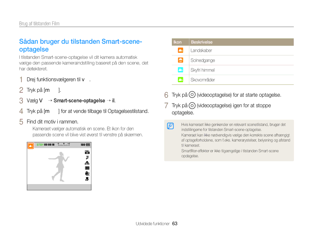 Samsung EC-EX2FZZBPBE2, EC-EX2FZZBPWE2 manual Sådan bruger du tilstanden Smart-scene- optagelse, Optagelse 