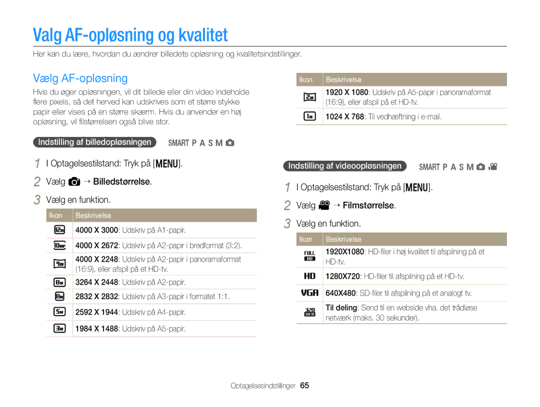 Samsung EC-EX2FZZBPBE2 Valg AF-opløsning og kvalitet, Vælg AF-opløsning, Indstilling af billedopløsningen T p a h M g 