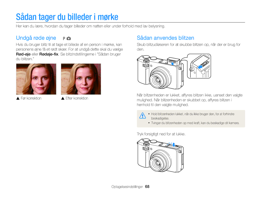 Samsung EC-EX2FZZBPWE2, EC-EX2FZZBPBE2 manual Sådan tager du billeder i mørke, Undgå røde øjne p g 